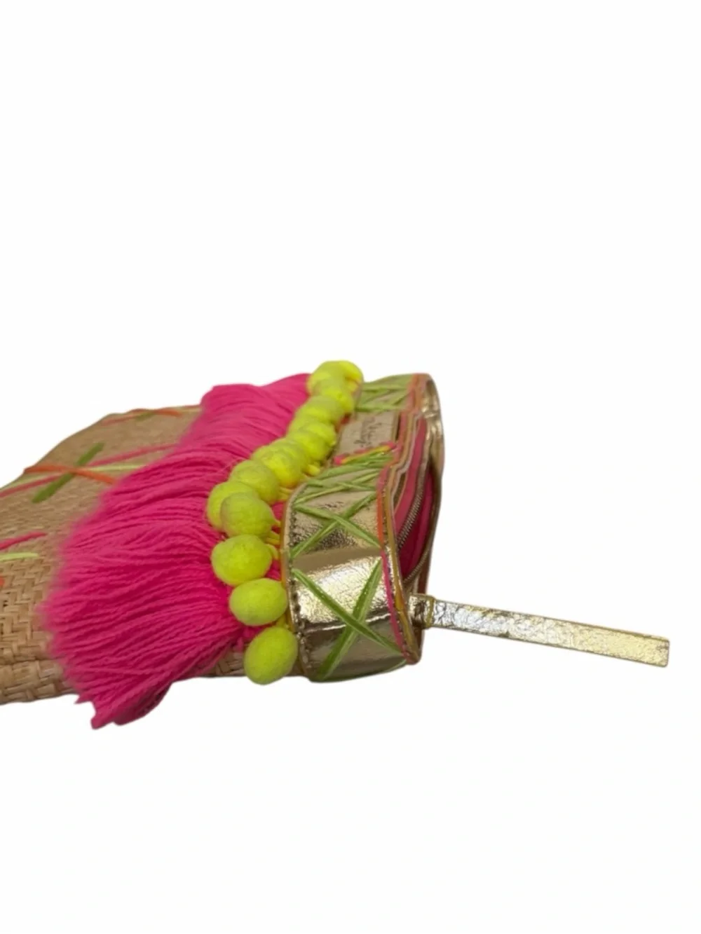 Lilly Pulitzer Baja Natural Woven Straw Fringe Pom Pom Clutch Bag